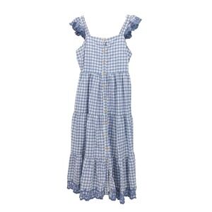 Shabby Chic Blue Gingham Tiered Midi Dress Ruffle Sleeve‎ Button Front Size12